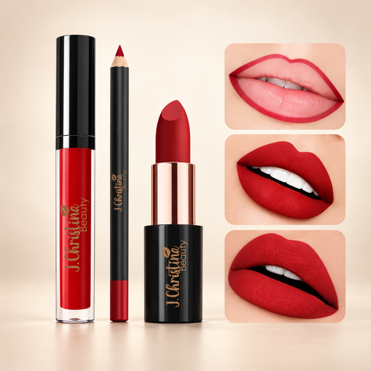 J. Christian Beauty lip color set featuring a liquid lipstick, a lip liner pencil, and a lipstick bullet in a matte deep red shade, shown alongside three close-up lip swatches demonstrating the applied color on lips.
