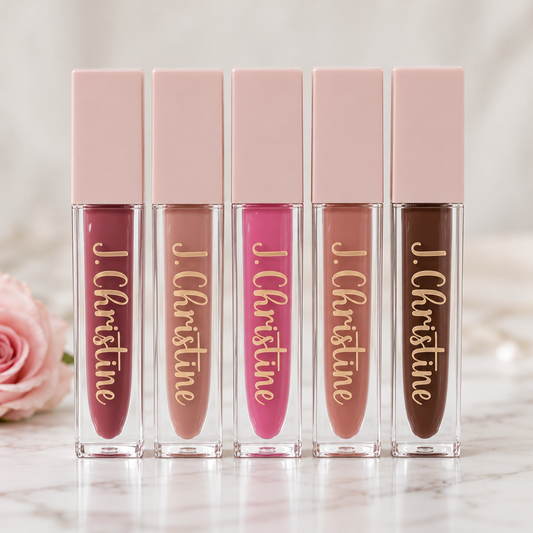 Five J. Christine lip gloss in the colors Swag, Bombshell, Dusty Dreams, Solor, and Mocha