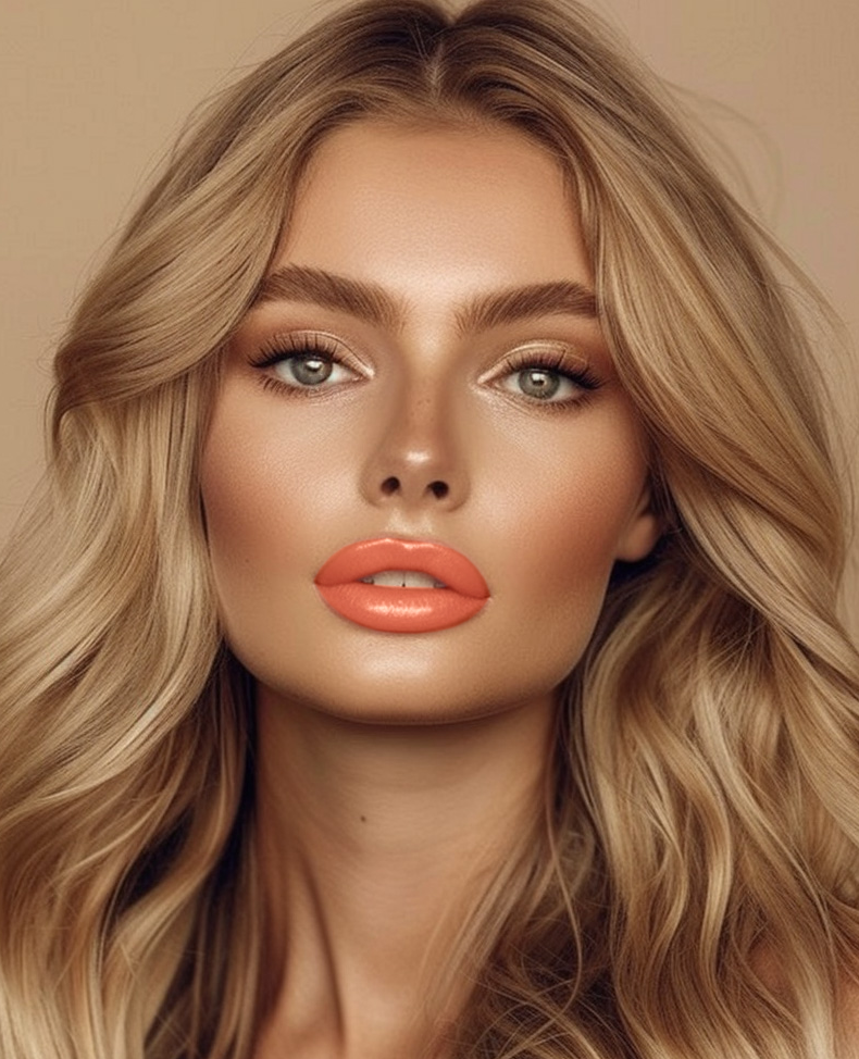 A close-up portrait of a woman with long, wavy blonde hair and bright orange lipstick against a warm beige background.