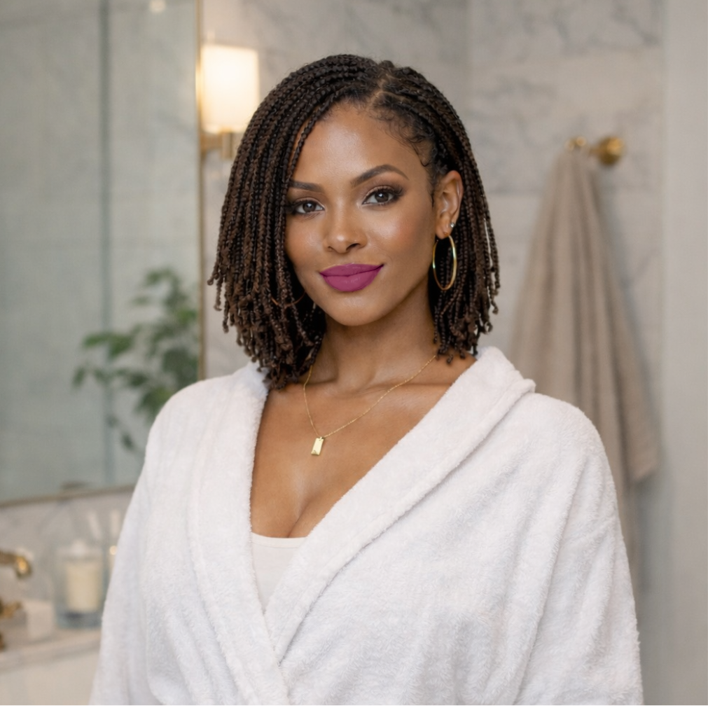 A woman with short dark curly hair wearing a white terry cloth bathrobe, standing in a bathroom setting with a marble wall and mirror in the background wearing Raspberry J Christine Lipstick.